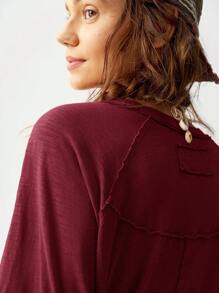 Bohemela Camiseta holgada de manga raglán de cuello redondo de punto de unicolor de vacaciones para mujeres