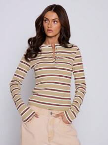 MUSERA 长款圆领按扣条纹可爱长袖T恤，适合机场、假日、秋季、返校季、圣诞节等场合，优雅百搭。 - 橄欖綠 - 查看 2