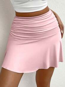 Zolique 女式纯色腰部褶饰时尚迷你裙 - 粉色 - 查看 4