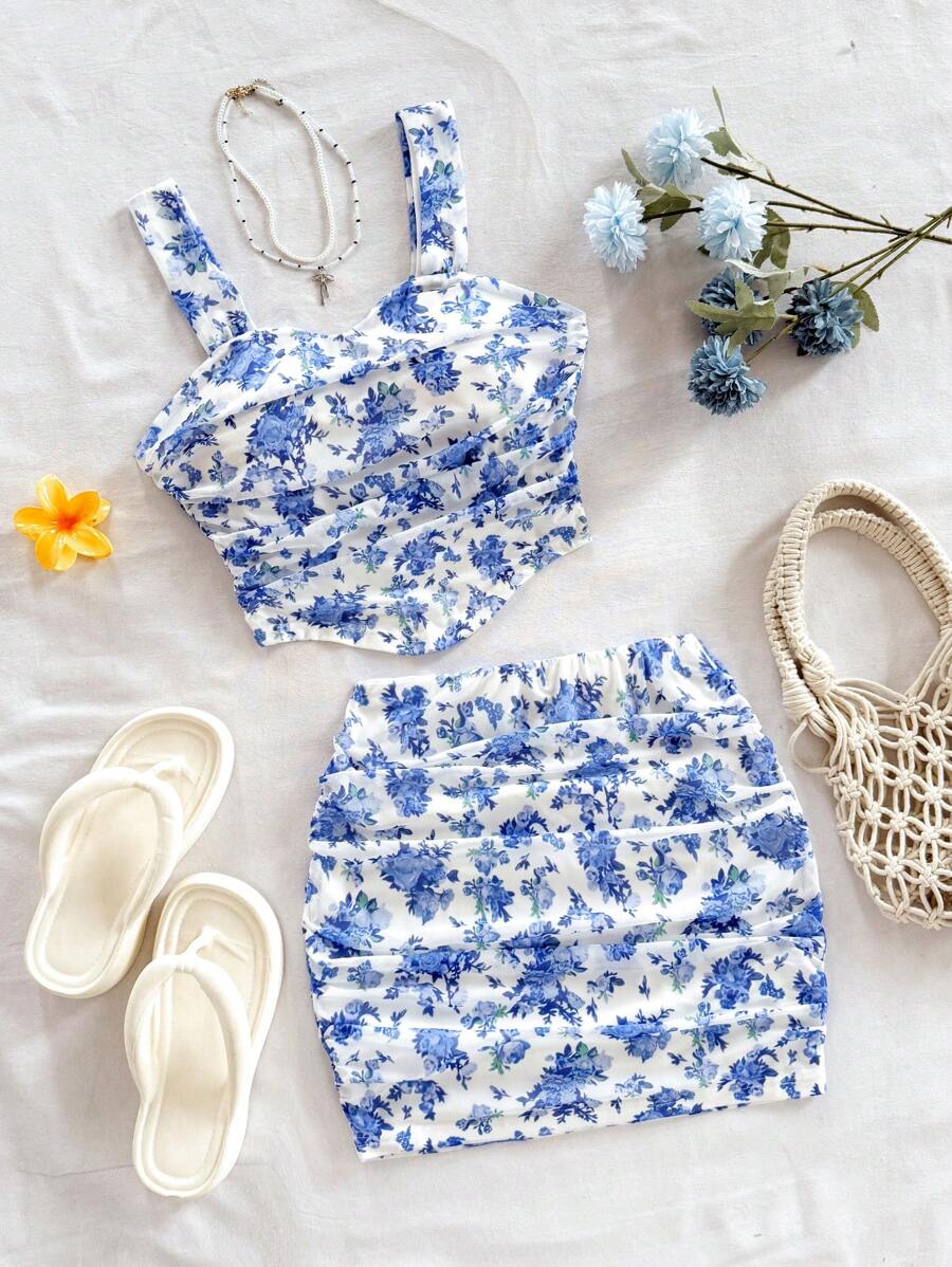 Soleia 女士粉色碎花修身背心和迷你裙两件套，海岛度假装 - 藍白色 - 查看 1