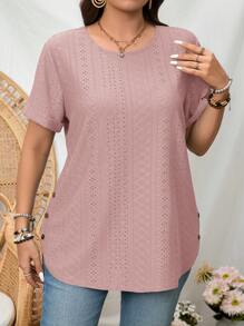 SHEIN LUNE Camiseta casual de talla grande de manga corta y cuello redondo de unicolor - Rosa vieja - Ver 4