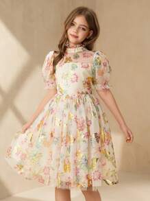 SHEIN 优雅女孩网眼花朵装饰公主裙，伴娘礼服，中长款，简约 - 杏色 - 查看 1