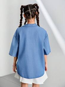 Camisa vaquera de manga corta de tencel/lyocell para niñas, color azul claro, ropa exterior casual de ajuste cómodo y ceñido