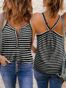 EMERY ROSE Women's Button Design Casual Striped Spaghetti Strap Sleeveless Camisole - Black and White - View 1