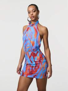 SHEIN Unity Đầm ngắn hở lưng cổ cao in họa tiết - Nhiều màu - Xem 3