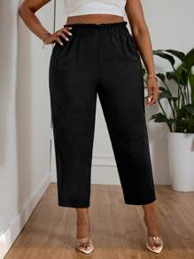 SHEIN PETITE CURVE Plus Size Women Solid Color Ruffle Waist Tapered Casual Pants