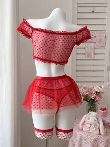 PetitDoll 5pcs/Set Romantic Lace & Mesh Sweet Girl Skirt Set - Red - View 2