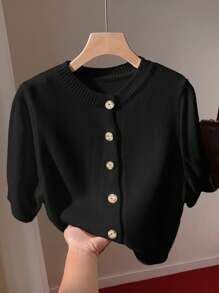 Comfortcana 女士纯色短袖开衫，简约风格，适合春秋季节 - 黑色 - 查看 3