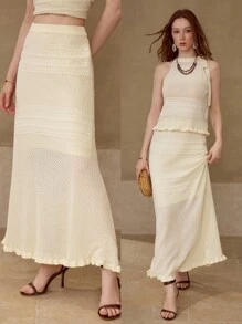 MOTF PREMIUM 网眼针织荷叶边下摆毛衣裙 - 杏色 - 查看 8