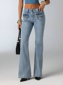 Aloruh Women Casual Washed Low-Waist Fitted Flared Jeans - Light Wash - View 6