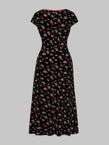 Sweetra 大码女式樱花印花甜心领短袖连衣裙，春秋季长款女装