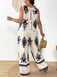SHEIN Frenchy Plus Size Casual Beach Textured Shell Trim Bowknot Waist Tank Top And Long Pants Set - Multicolor - View 5