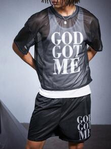 PAVTROS Manfinity Streetrush Men's Mesh Fabric "GOD GOT ME" T-Shirt Set , Men Clothes Men T Shirt Co Ords - Black - View 4