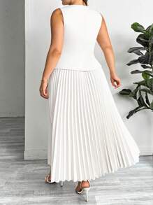 SHEIN Privé Conjunto de traje de blazer sin mangas minimalista de moda + falda larga plisada, conjunto de traje talla grande