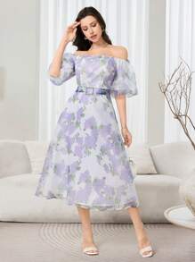 Modelyn Vestido con estampado floral en todo el diseño y mangas farol elegante para mujer - Multicolor - Ver 4