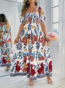 KURAYIA Plus Size Women's Floral Print Elegant Puff Sleeve Square Neck Shirred Waist Maxi Beach Holiday White Summer Boho Party Dress,Holiday - Multicolor - View 4