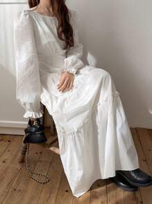 FRIFUL Women's White Long Waist Cinched Dress With Puff Sleeves, Sweet Style For Resort Wear, Spring,Fall Clothes Long Sleeve Dress - Beige - View 7