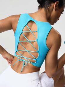 SHEIN Sports 1 件无缝运动瑜伽工字背心，高弹性 - 藍色 - 查看 1