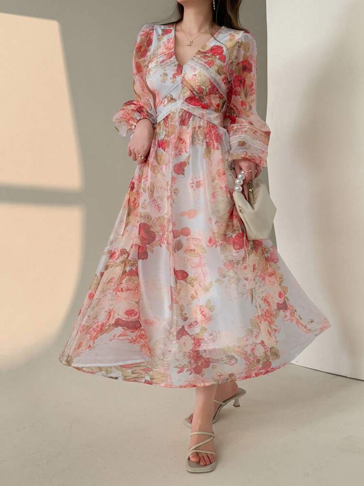 Fall New Elegant Ditsy Floral Mid-Length Dress For Women, Suitable For Music Festivals Long Sleeve Dress