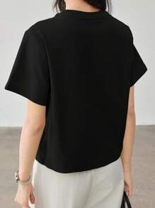 Dazy-Less 女士独特扭纹下摆不对称纽扣短袖休闲办公室衬衫夏季教师装 - 黑色 - 查看 5