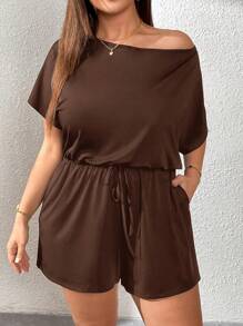 SHEIN Essnce Plus Size Women's Romper, Summer Wear, Shorts, Cutie Off-The-Shoulder,Summer Outfits For Women Summer,Rave Outfits Festival,Summer Outfits For Women Vacation Outfits Woman Casual Jumpsuit For Women - Brown - View 1