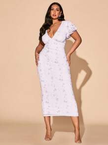 SHEIN BAE فستان نسائي أنيق بطبعة زهور كبيرة على شبكة، طويل الطول، ضيق التفصيل، أكمام مناسبة، مناسب للارتداء اليومي، للخروج، المواعيد، الغداء، العطلات، موسم الربيع/الصيف، عودة إلى المدرسة، فساتين عيد ميلاد للنساء