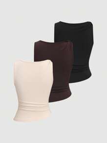 Sweetra 3 件套女式纯色无袖褶皱简约上衣，适合日常穿着 Y2K