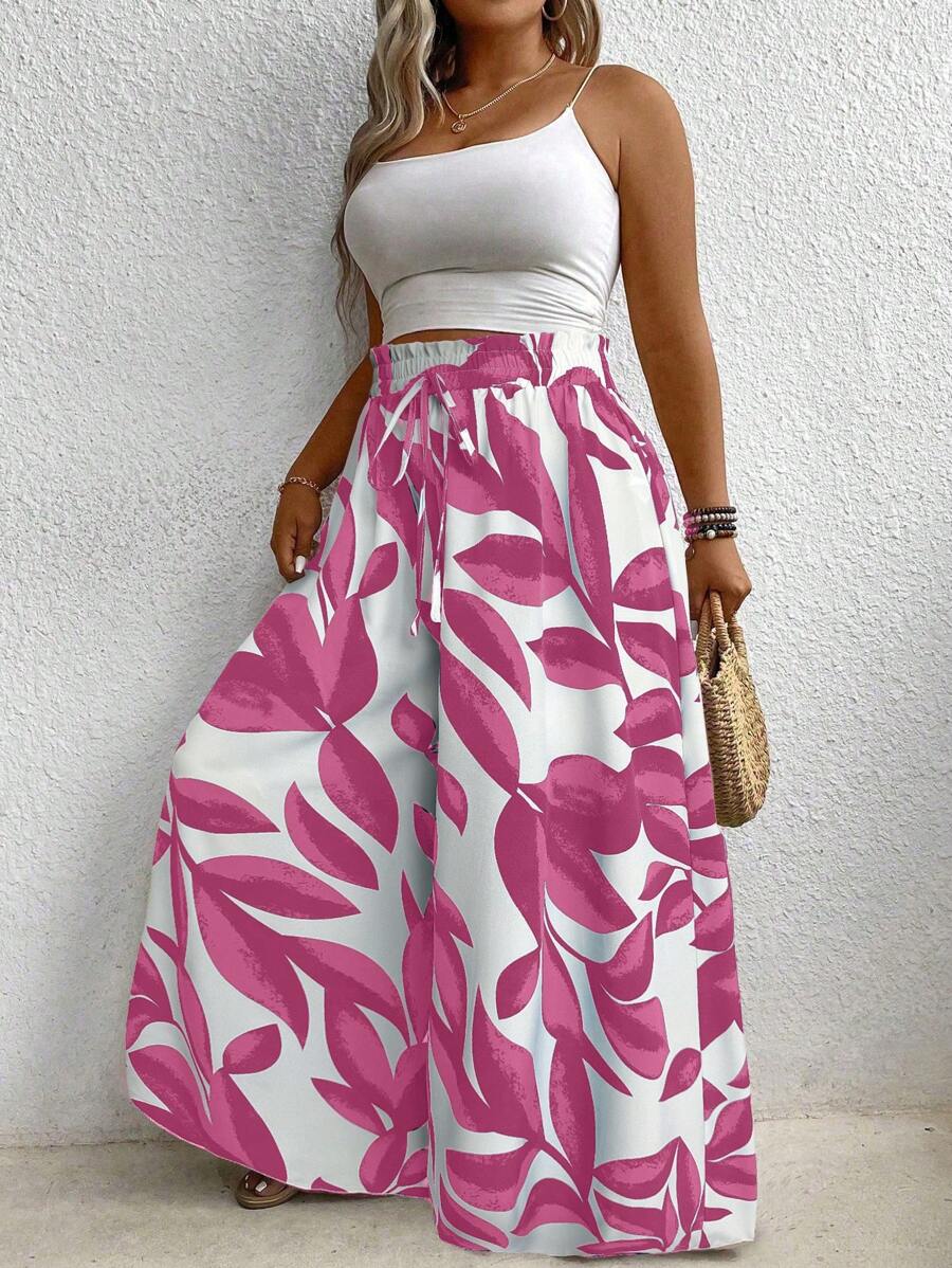 Plus Size Women's Vacation Plant Print Drawstring Waist Wide Leg Pants Fall Cloth For Women - Pink - View 1