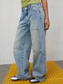 COUREZ 低腰宽松牛仔裤，采用工装缝线，浅色水洗做旧效果 / 女士夏季穿搭 / Y2K / 休闲 / 纯棉高街复古风 - 淺藍色 - 查看 4