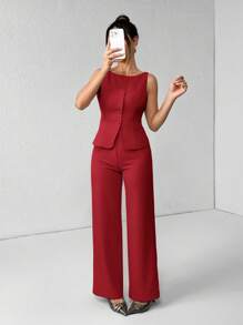 SHEIN PETITE 女士纯色圆领单排扣背心和裤子优雅通勤套装，夏秋季女装女套装办公室装商务休闲女两件套秋季女装办公室装女套装女式西装套装 - 紅色 - 查看 1