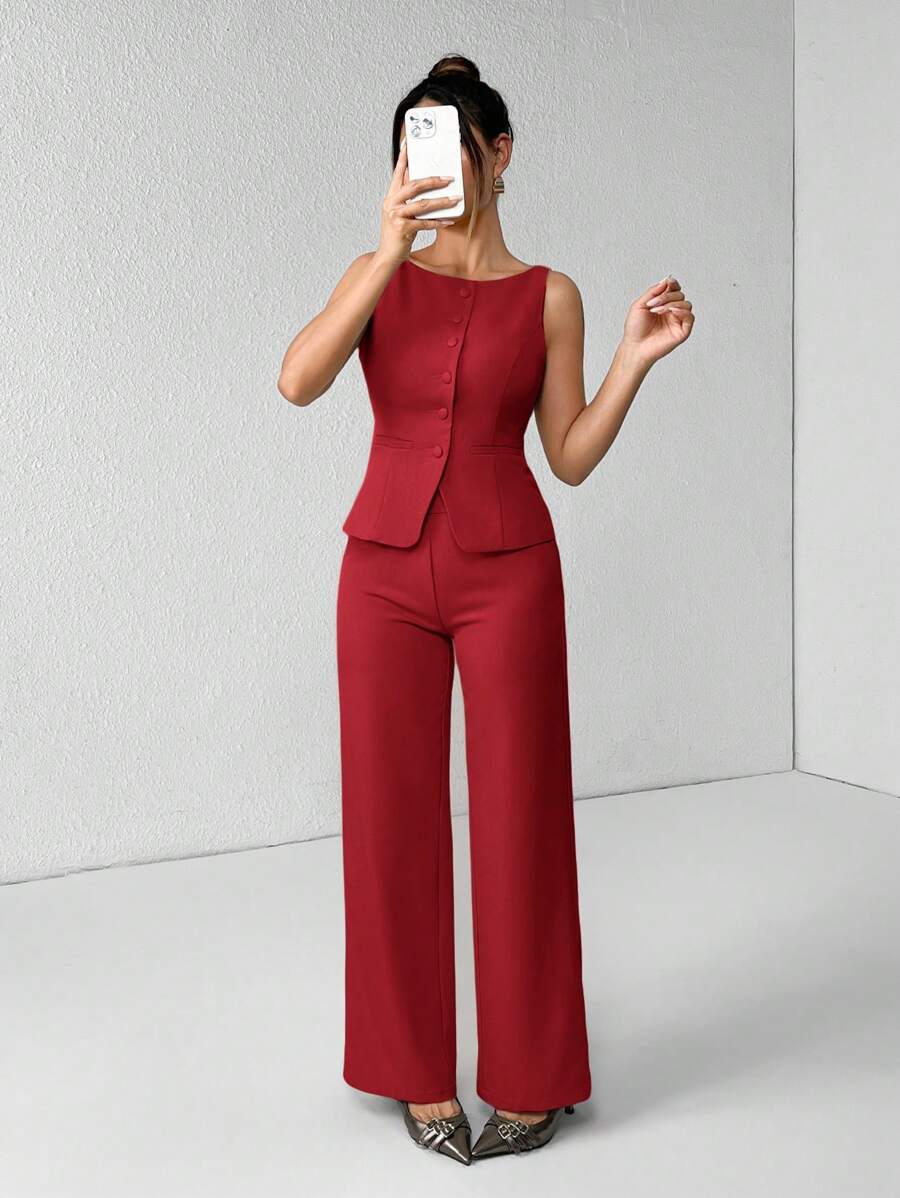 SHEIN PETITE 女士纯色圆领单排扣背心和裤子优雅通勤套装，夏秋季女装女套装办公室装商务休闲女两件套秋季女装办公室装女套装女式西装套装 - 紅色 - 查看 1