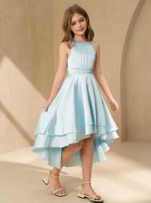 SHEIN 花童吊带裙，缎面处理，不对称下摆，优雅适合婚礼、派对、生日、演出 - 藍色 - 查看 1