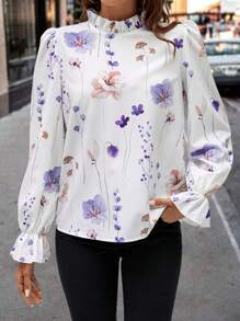 SHEIN Clasi Áo cánh cổ đứng in hoa thanh lịch đa năng cho nữ tay bèo nhún - Màu tím hoa cà - Xem 3