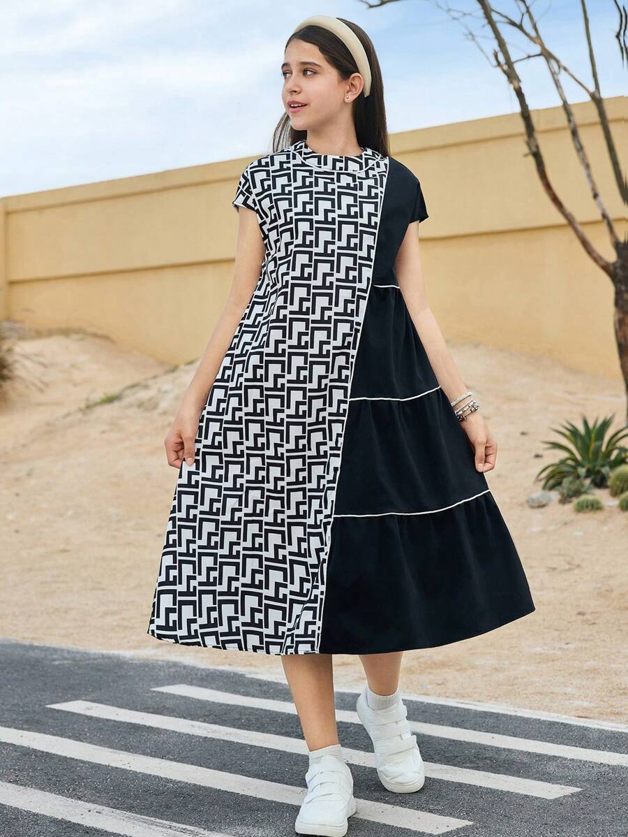 SHEIN Leap Crew Tween Girls'' Loose Casual Patchwork Colorblock Geometric Pattern Midi Dress - White - View 1