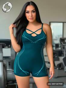 Innovista Women Activewear Seamless Backless Criss Cross Sports Jumpsuit, Breathable Mesh & High Elastic Dry Fit Gym Jumpsuit. High Waist Tummy Control & Butt-Lifting Workout Outfits, Dynamic Print Shapewear, Sculpting & Performance Jumpsuitlook Utilitarian Chic, Cool Wear Collection - Green - View 4