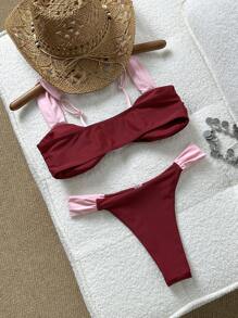 Swim Vcay 2pcs/Set Atasan Tanpa Tali Warna Polos dengan Hiasan Mutiara & Celana Pendek Renang untuk Wanita, Pakaian Renang Liburan Pantai Musim Panas - MultiWarna - View 2