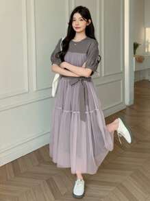 DAZY Women's Color Block Mesh Patchwork Short Sleeve Dress Summer - Grey - View 2