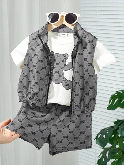 SHEIN 3件套男婴字母印花针织柔软圆领短袖上衣、无袖背心和短裤套装