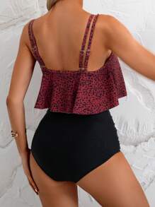 SHEIN Swim Women's Full Print Crop Top Tankini Swimsuit Set For Summer Beach - Burgundy - View 2