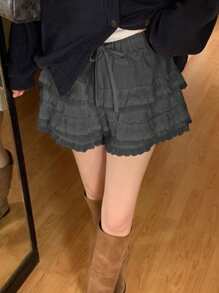 DAZY Quần short ren chắp vá thanh lịch cho nữ, màu trắng, mọi mùa, váy ngắn - Xám - Xem 5