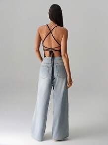 SHEIN Unity Bodysuit Kasual Model Halter Neck dengan Bagian Belakang Silang - Hitam - View 1