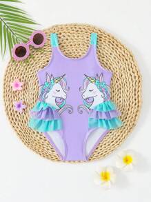 SHEIN Baby Girl Cute Unicorn Print Ruffle Trim One-Piece Swimsuit, Summer Baby Clothing Cheap Baby Girl Clothes Baby Clothing Girl Infant Girls Clothing Baby Girl Clothes Customized - Purple - View 3