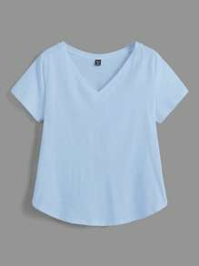 SHEIN BASICS Camiseta de manga corta con cuello en V de unicolor talla grande, simple y de moda para el verano - Azul - Ver 7