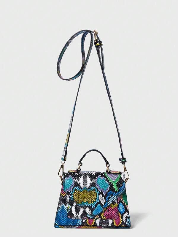 SHECARRY Mini Snakeskin Print Flap Satchel Bag