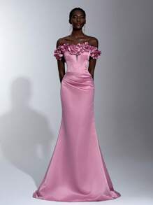 Glamrae Đầm suông trễ vai hoa sen hồng thanh lịch tuyệt đẹp lãng mạn thanh lịch satin hở vai 3D hoa ba chiều đuôi cá dây đeo có thể điều chỉnh hẹn hò kỳ nghỉ độc thân sinh nhật người lớn lễ tiệc khiêu vũ tốt nghiệp mùa về quê đám cưới sự kiện phù hợp đầm dạ hội bền chắc, trang trọng, váy dài, cho buổi tối, khách dự tiệc cưới - Bụi hồng - Xem 5