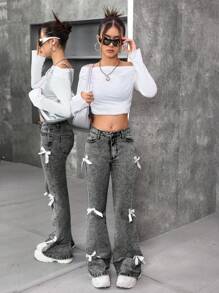 SHEIN 青少年女孩 Y2K 时尚石洗弹力牛仔喇叭裤，带蝴蝶结装饰口袋，女孩服装返校街头服饰 - 灰色 - 查看 5