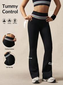 VARSITIE 女士条纹喇叭紧身裤，休闲健身运动紧身裤 - 黑色 - 查看 1