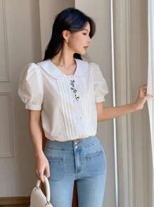 DAZY Women's Spring New Valentines Day Embroidered Floral Elegant Blouse - White - View 4