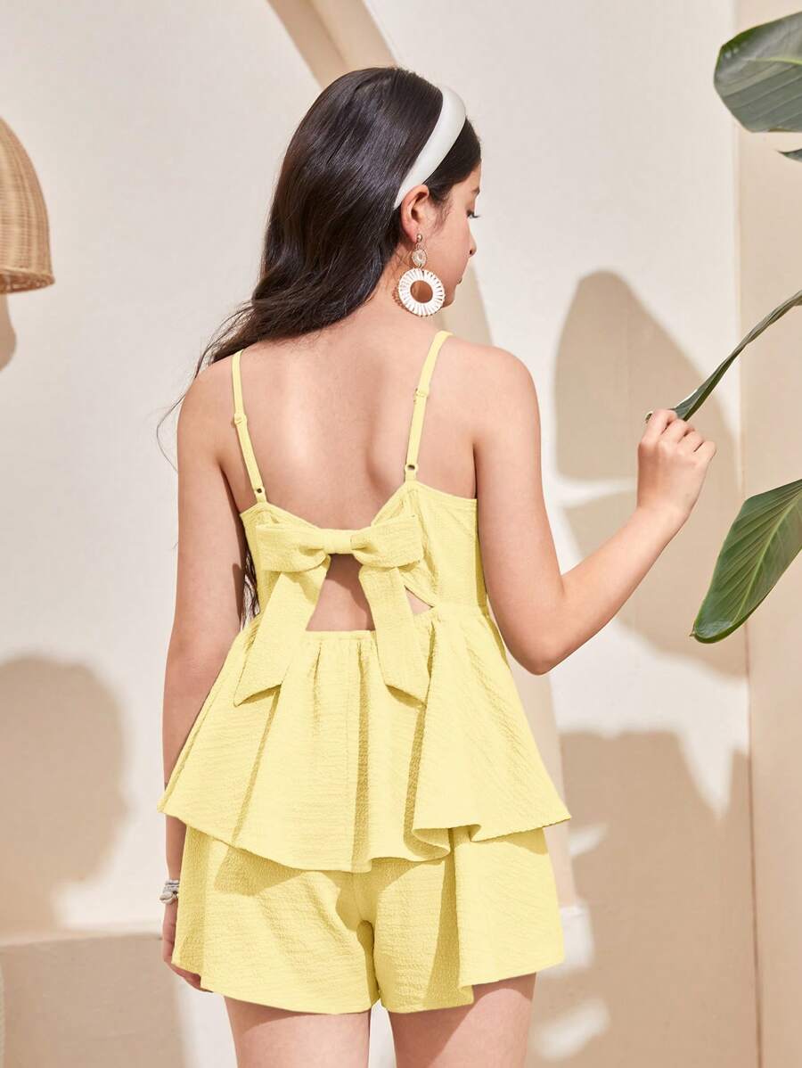 SHEIN Tween Girls Solid Color Up Backless Layered Hem Cami Large Bow Decoration On The Back Jumpsuit, Halter Jumpsuit, Playsuit, Summer Fresh , Daily Outing Vacation,Suitable For Spring Vacation, Pastoral Style