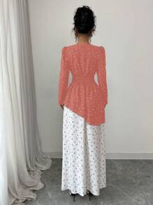 Chiquease Women Square Neck Black & White Ditsy Floral Colorblock Elastic Waist Long Dress, Spring & Autumn Fall Cloth For Women - Orange - View 2